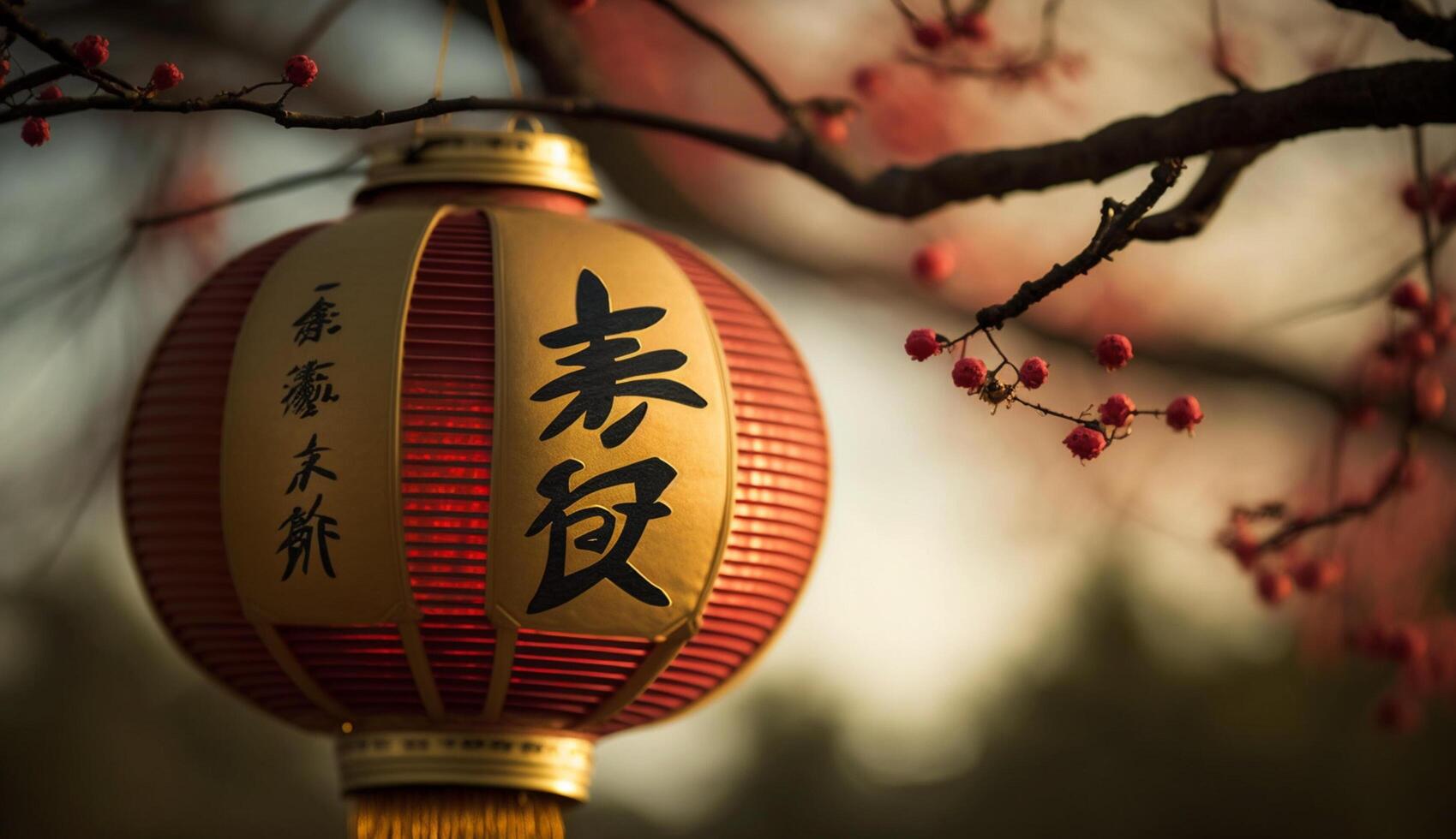 Illuminated lanterns hanging from a tree branch outdoors generated by AI photo