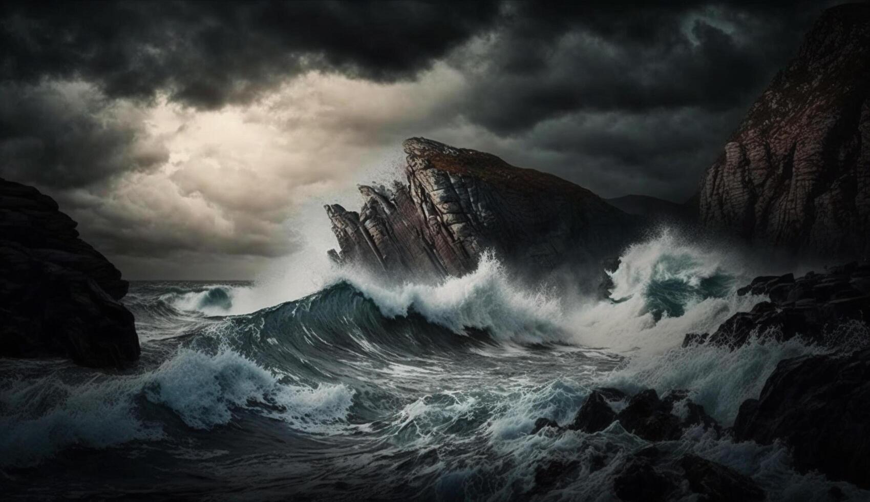 Wave crashing on dark coastline ominous beauty generated by AI photo