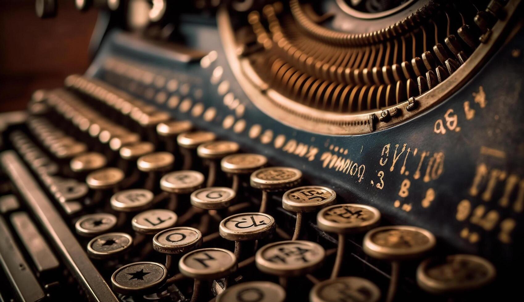 Antique typewriter close up of metal typebars typing text generated by AI photo