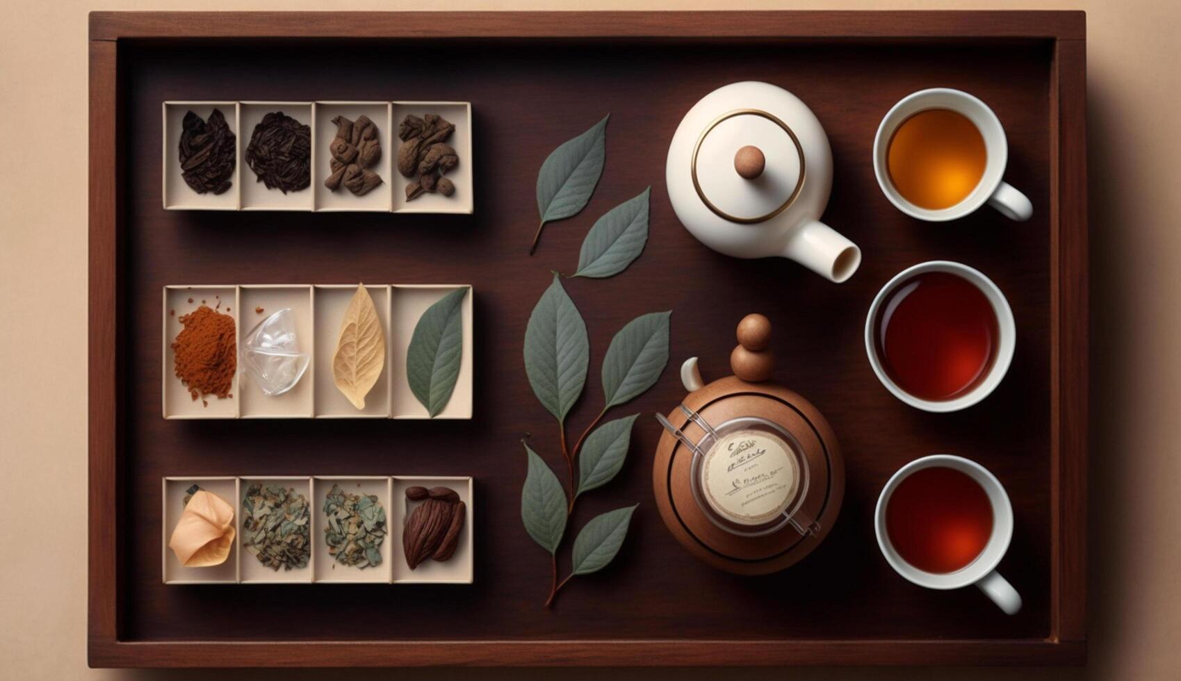 Wooden teapot set on leaf patterned table surrounded by nature generated by AI photo