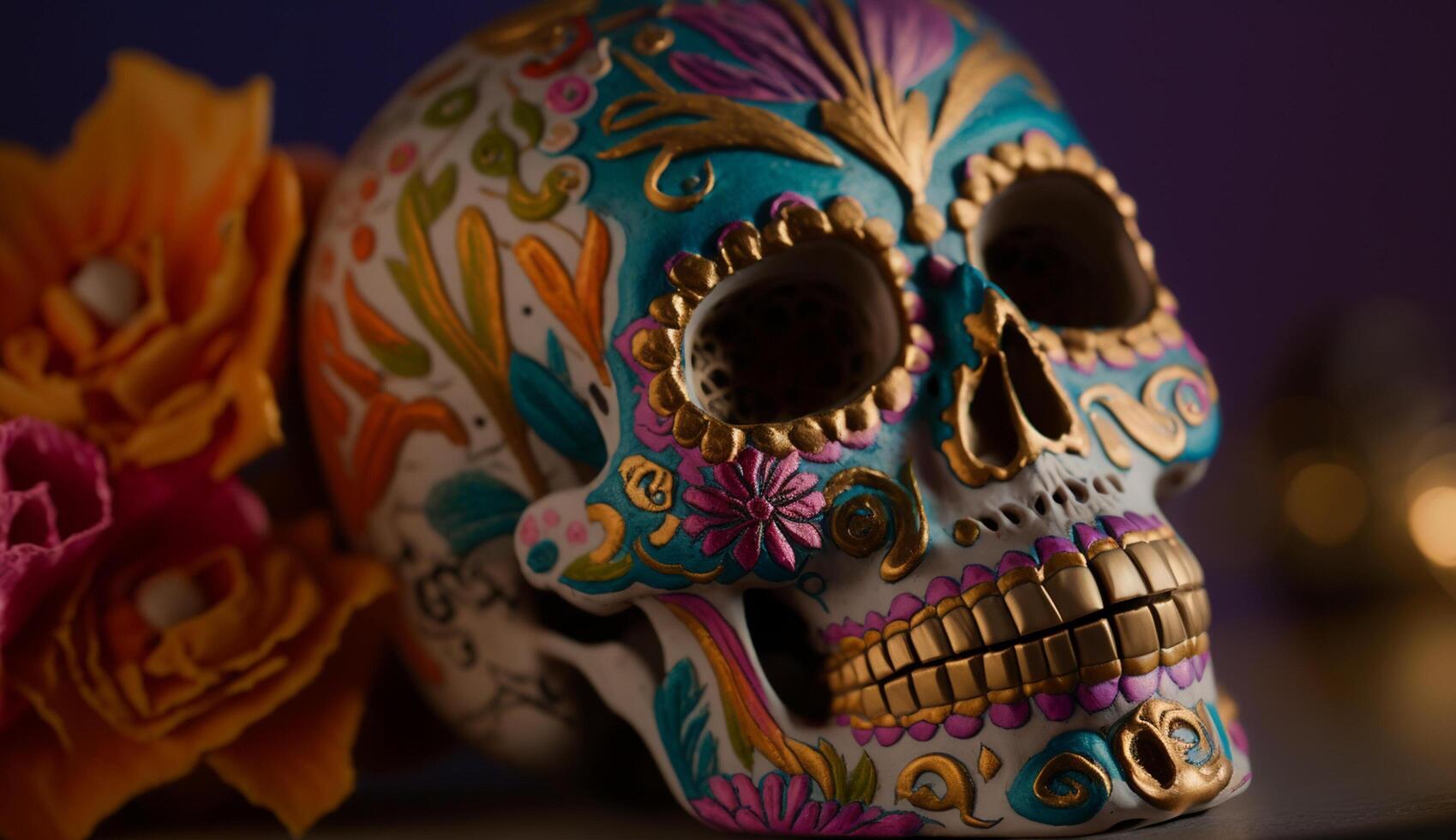 Spooky human skull colorful Day of the Dead generated by AI photo