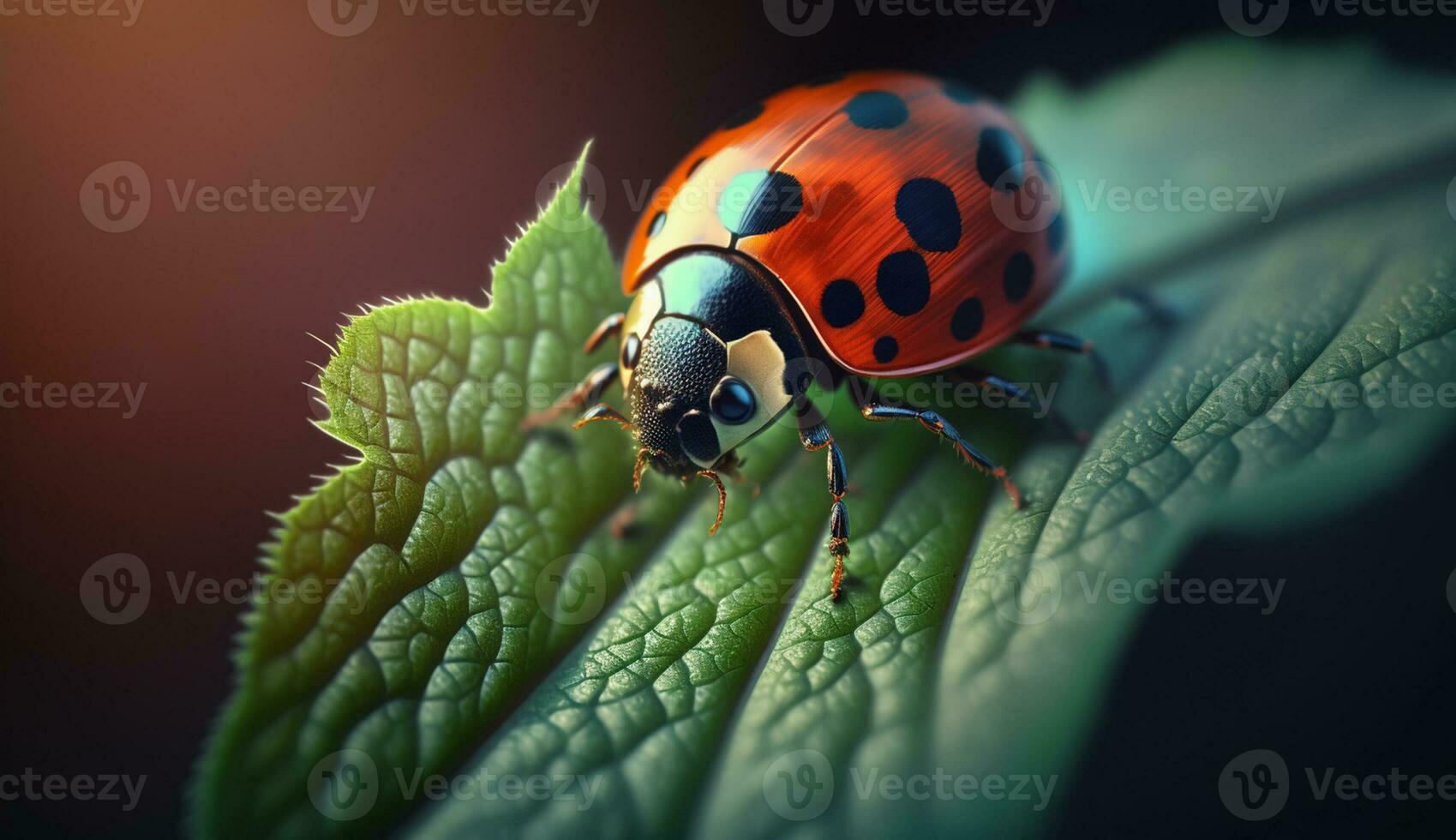 un manchado mariquita gatea en un verde hoja generado por ai foto