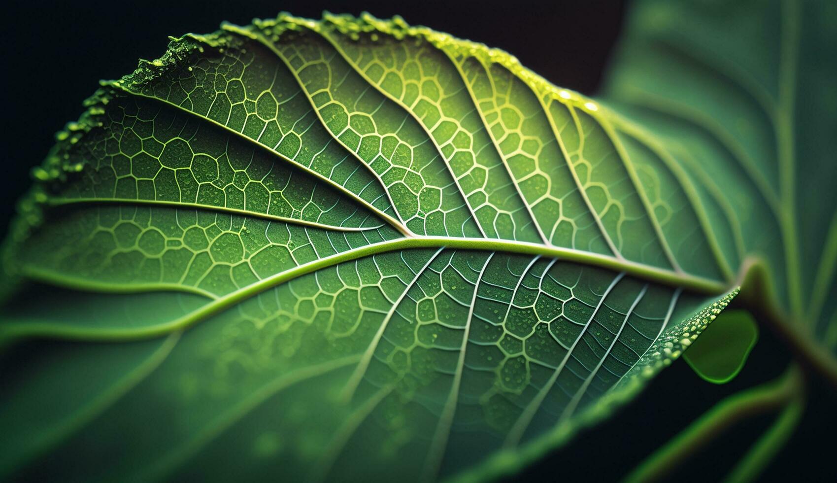 un Fresco verde hoja con agua gotas generado por ai foto