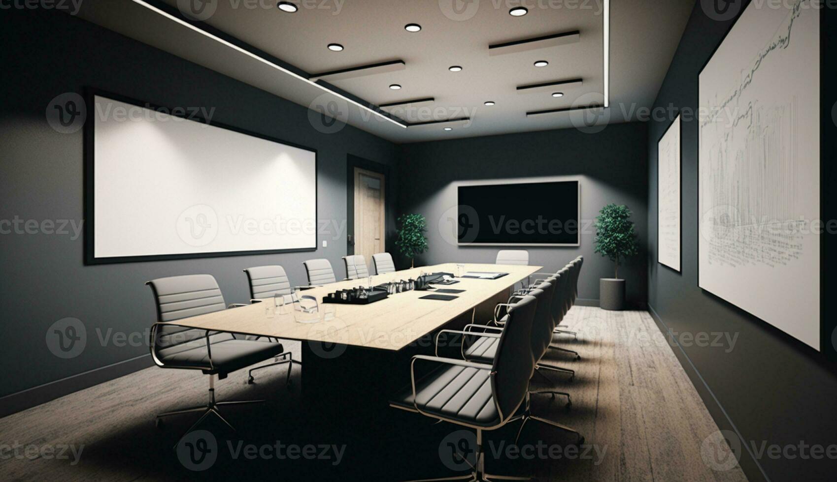 Modern office design with wood materials and luxurious lighting generated by AI photo