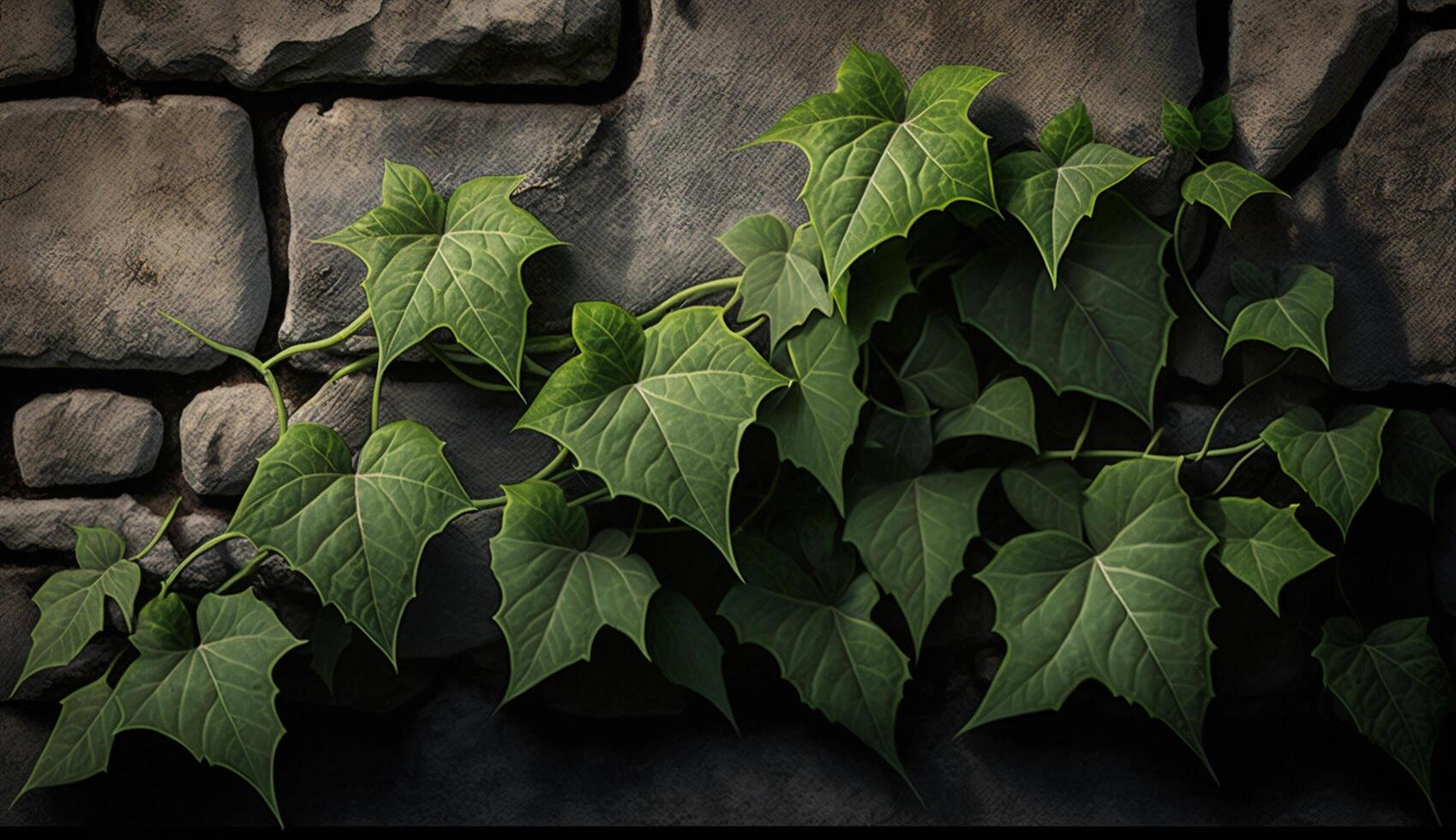 Leafy creeper plant over stone wall background generated by AI photo