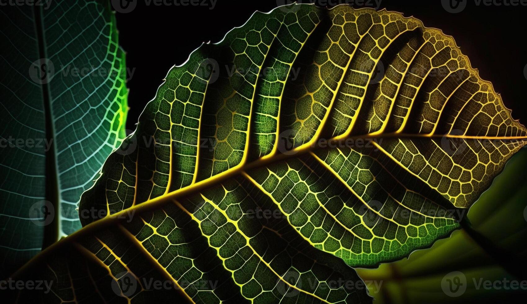 A vibrant organic leaf vein illuminated by light generated by AI photo