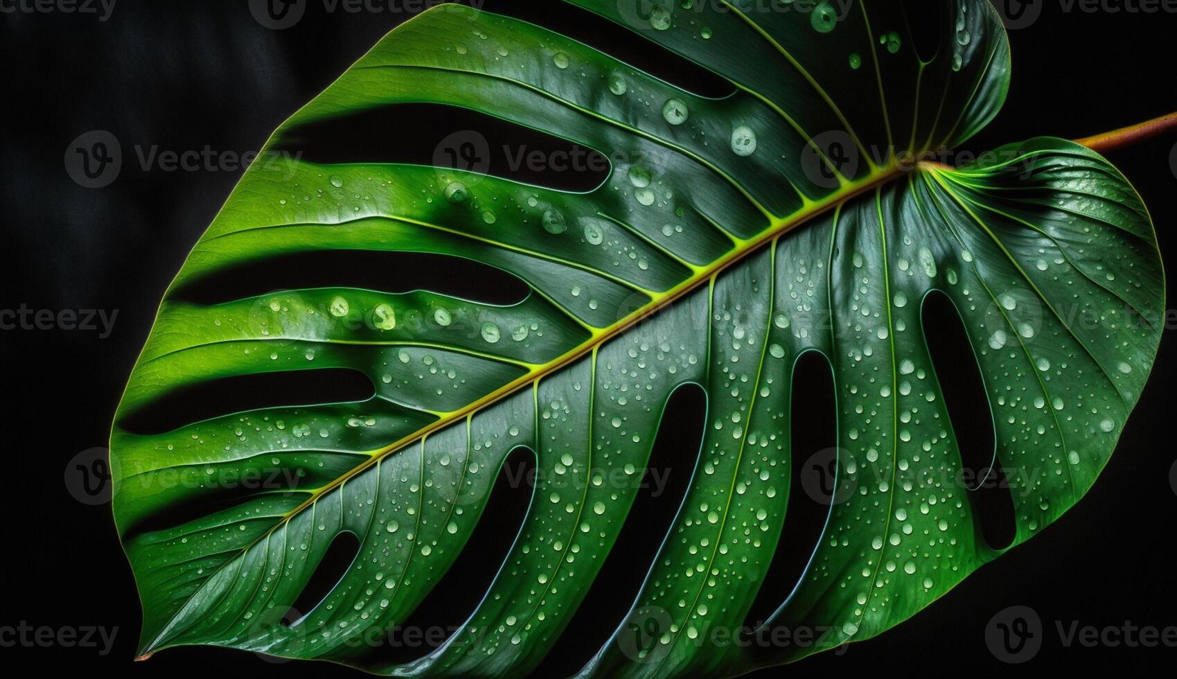 Green leaf veins fresh dew on forest branch generated by AI photo