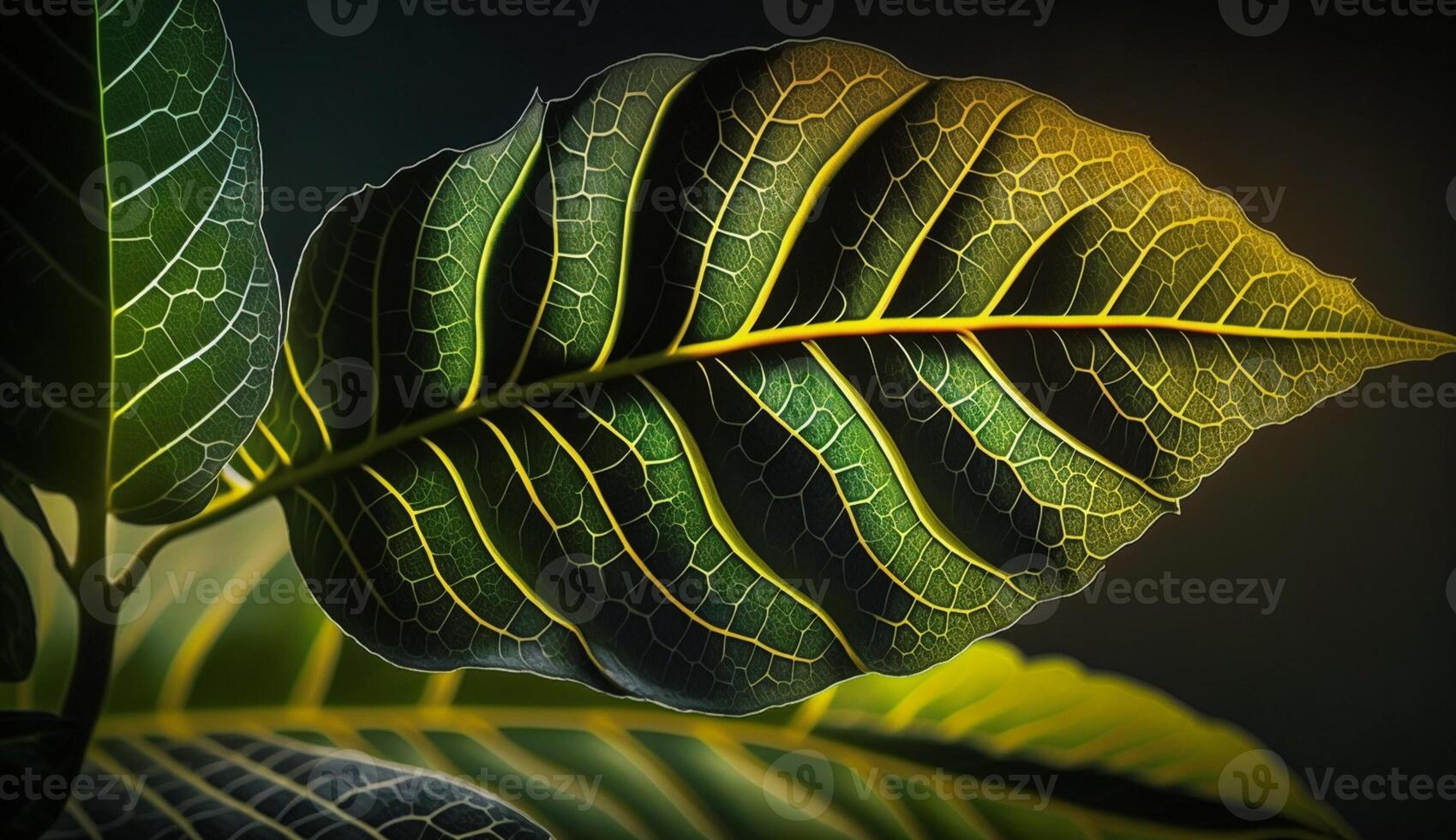 Fresh green leaf on dark backdrop yellow vein generated by AI photo