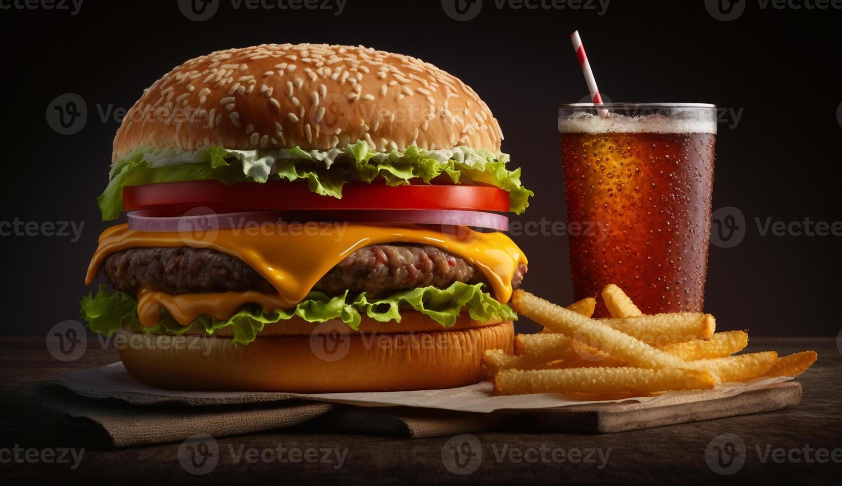 Grilled cheeseburger meal with fries and cola refreshment ,generative AI photo