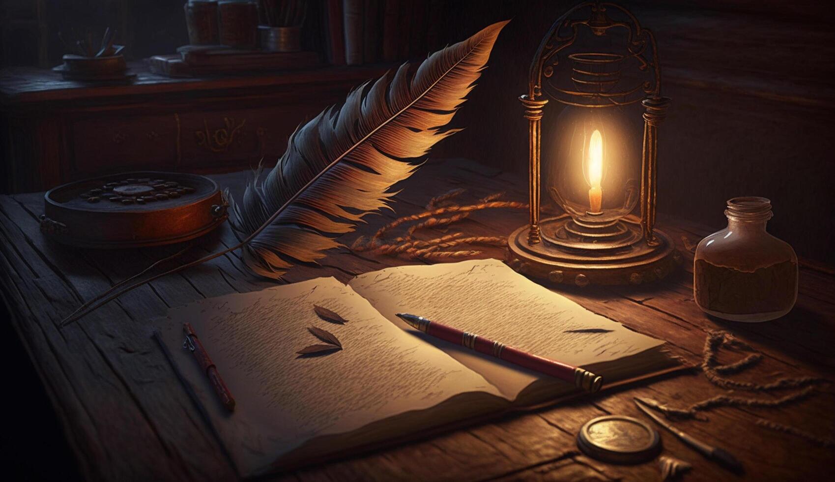 Old fashioned desk with quill, ink well, and candle ,generative AI photo