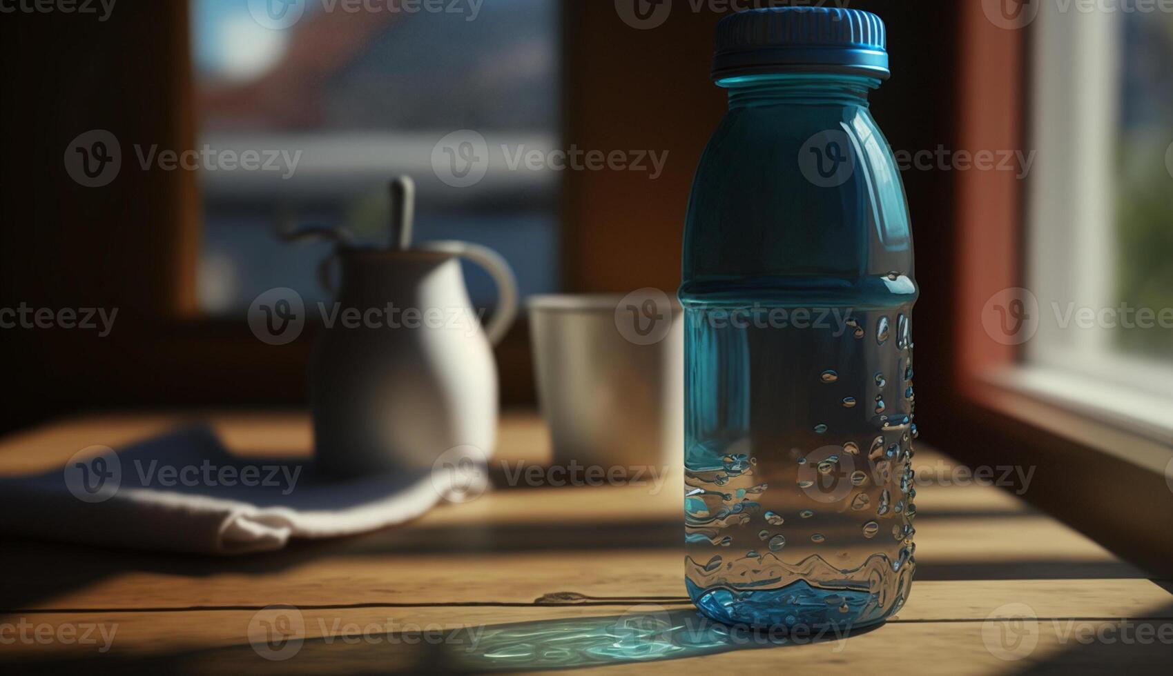 Fresh water in transparent bottle on wooden table ,generative AI photo