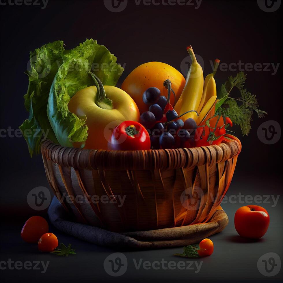 close up fruits and vegetables healthy food in basket ,generative AI photo