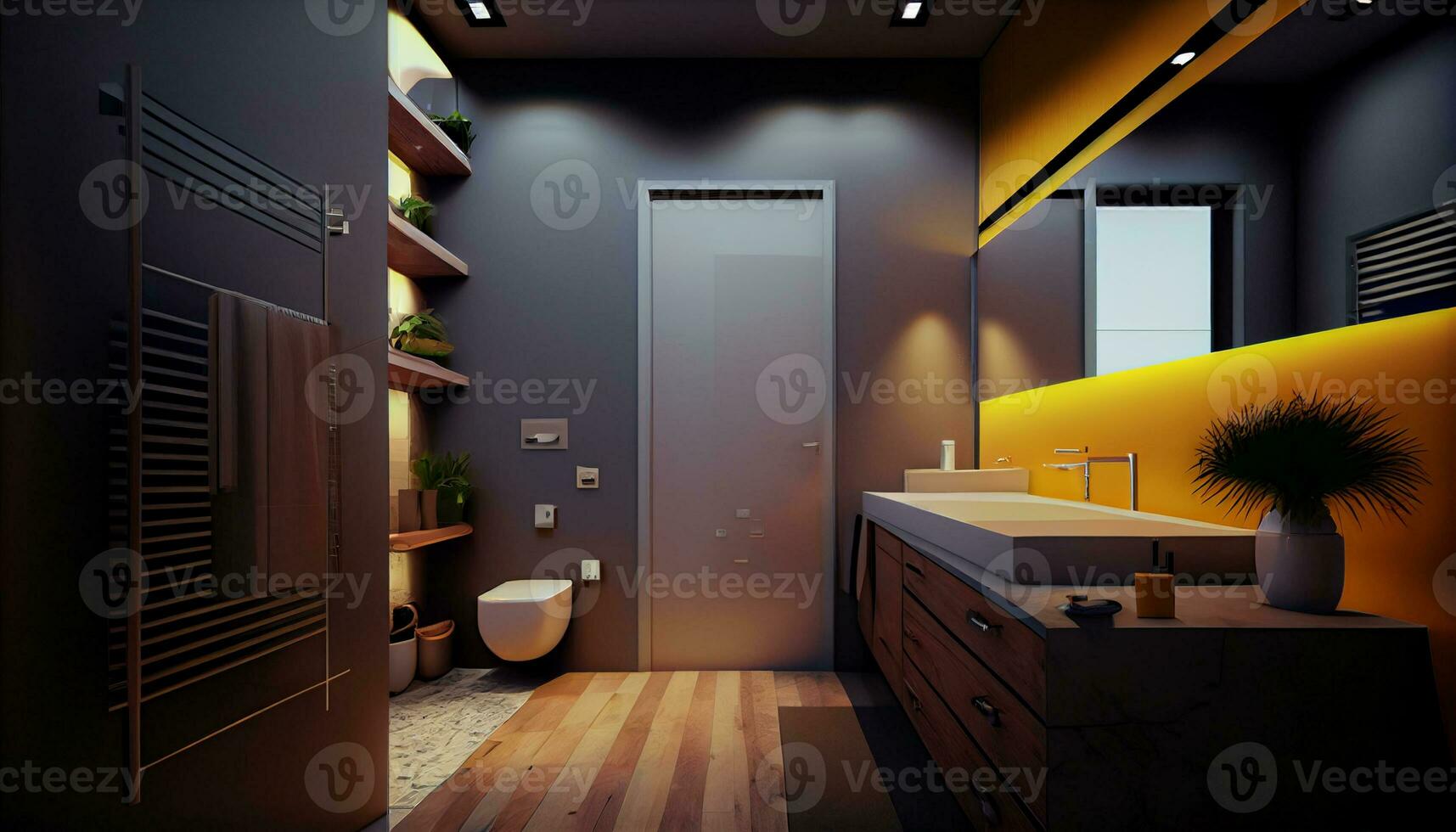 Modern domestic bathroom with wooden floor ,generative AI photo