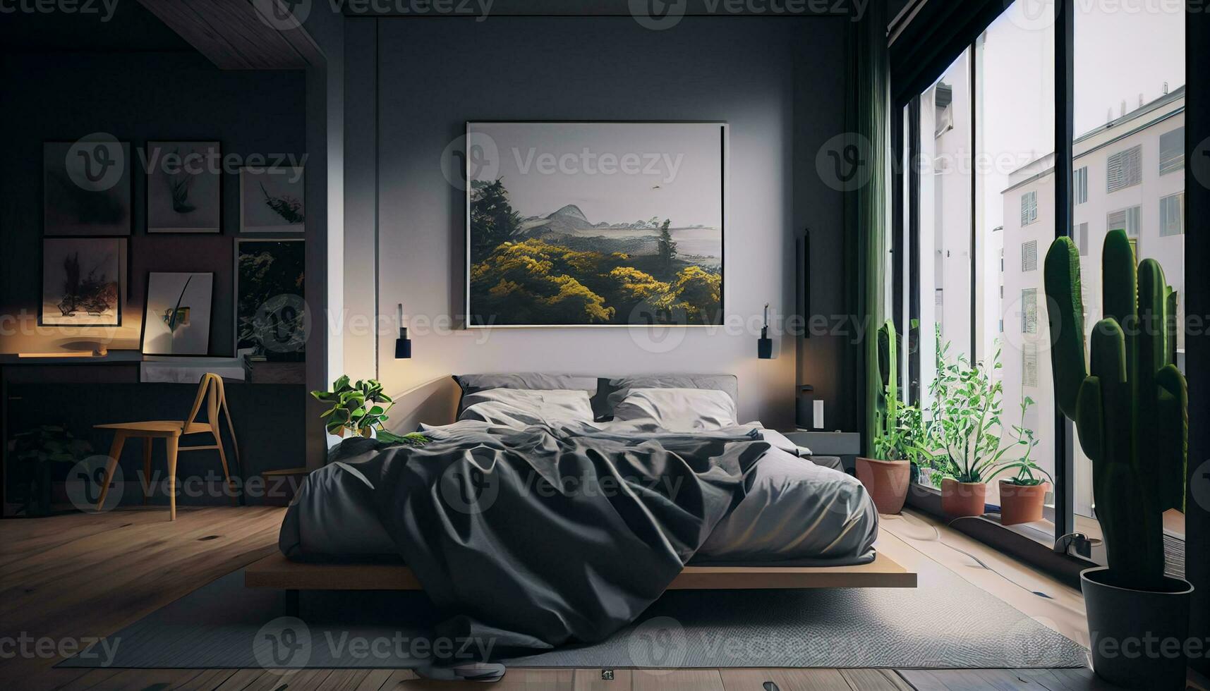 Modern apartment bedroom, comfortable bed near window ,generative AI photo