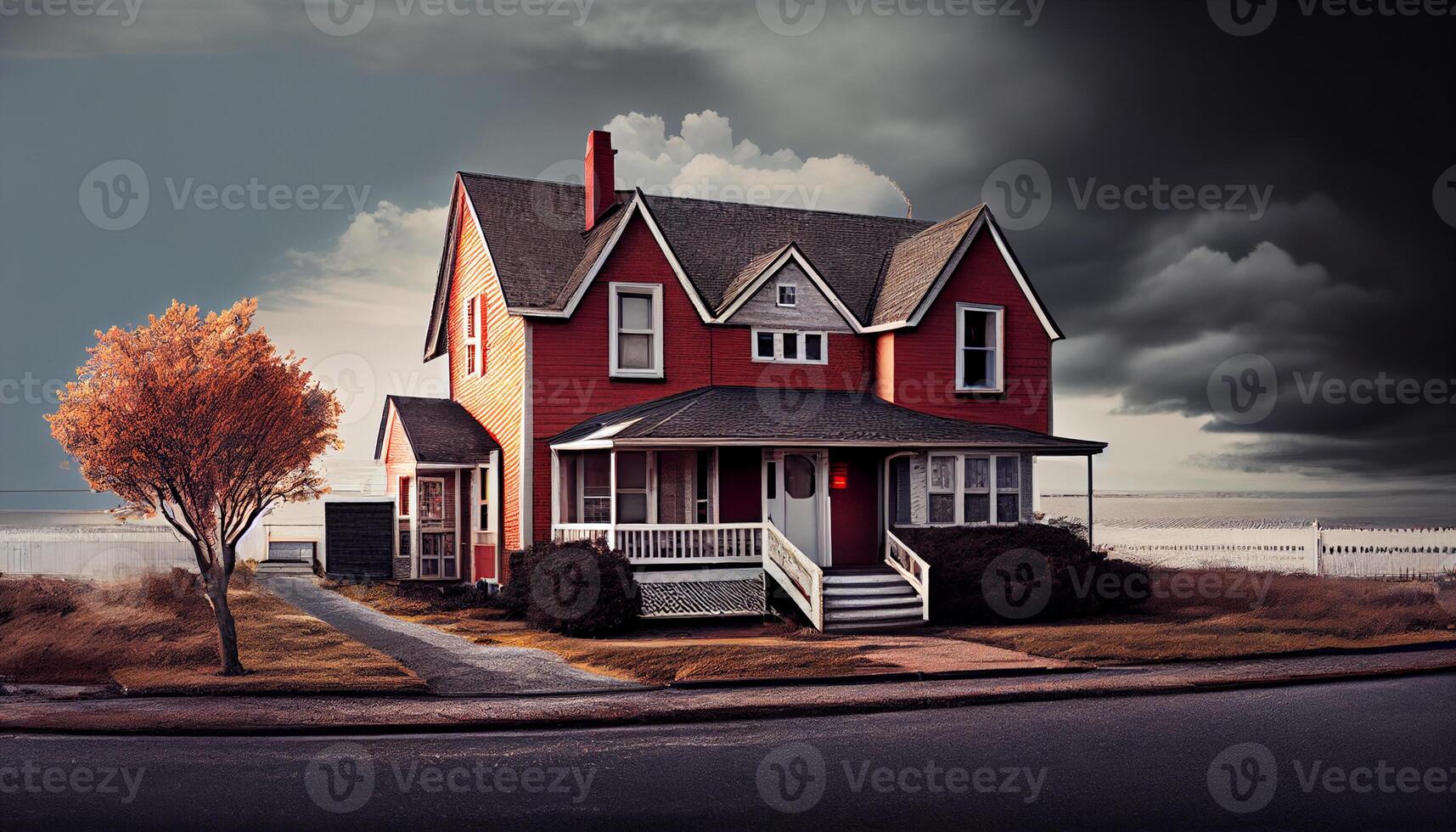 big house front facade with tree scene , photo