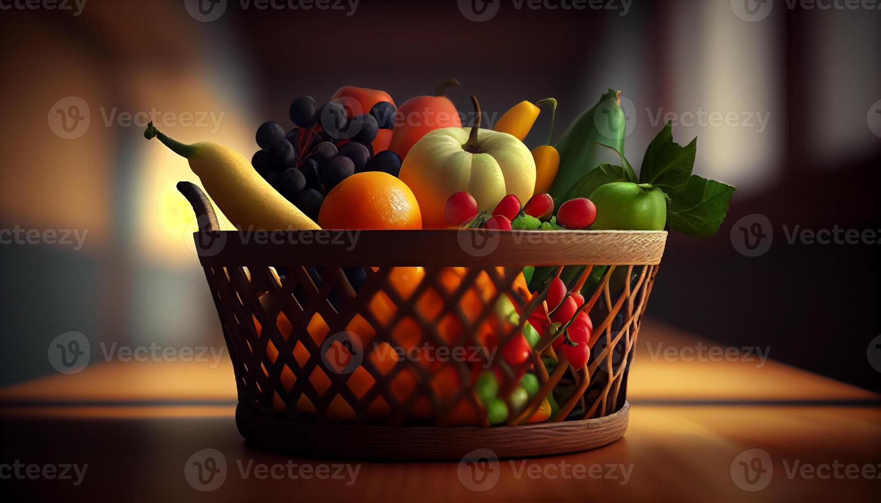 healthy and vegetarian food in wooden basket , photo