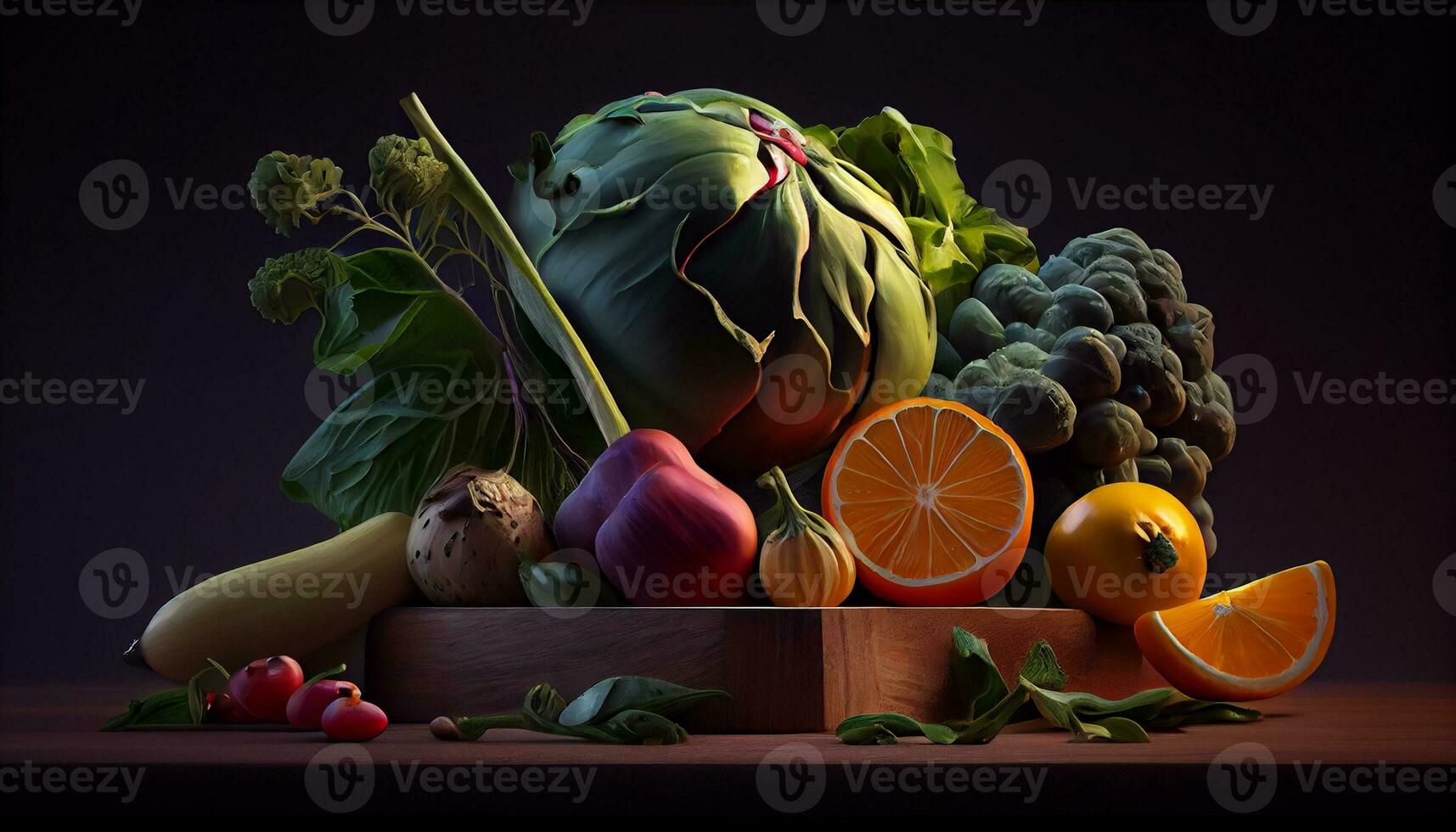 fresh fruits and vegetables in kitchen board ,generative AI photo