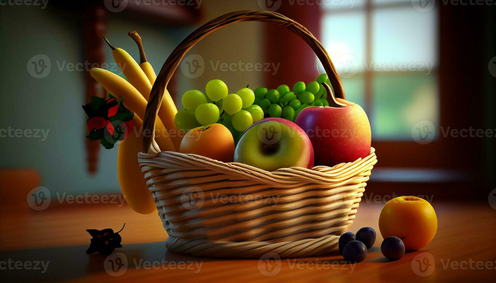 basket with healthy food in table ,generative AI photo