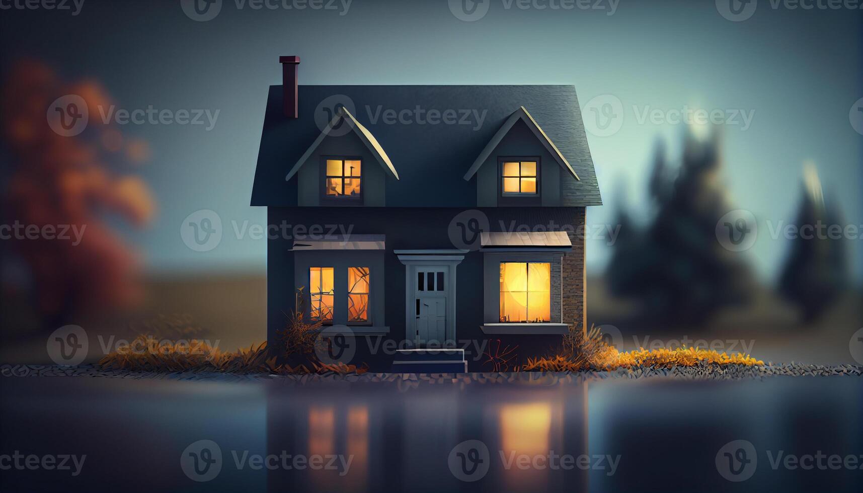 Night landscape with gray cute house facade ,generative AI photo