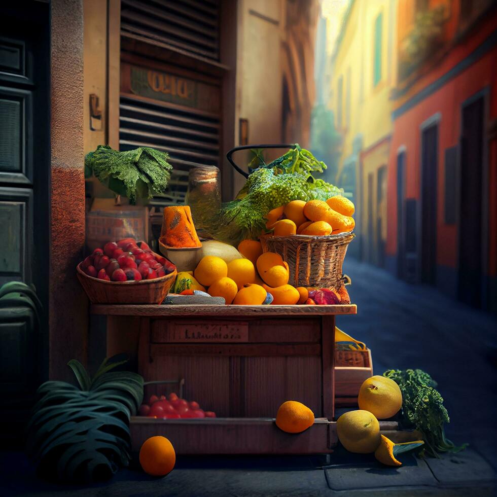 fruits and vegetables with plants store in the street ,generative AI photo