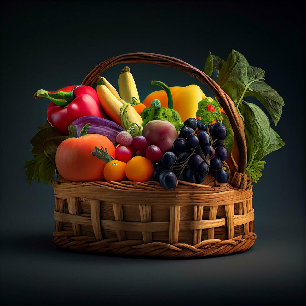 fresh and healthy fruits in straw basket ,generative AI photo