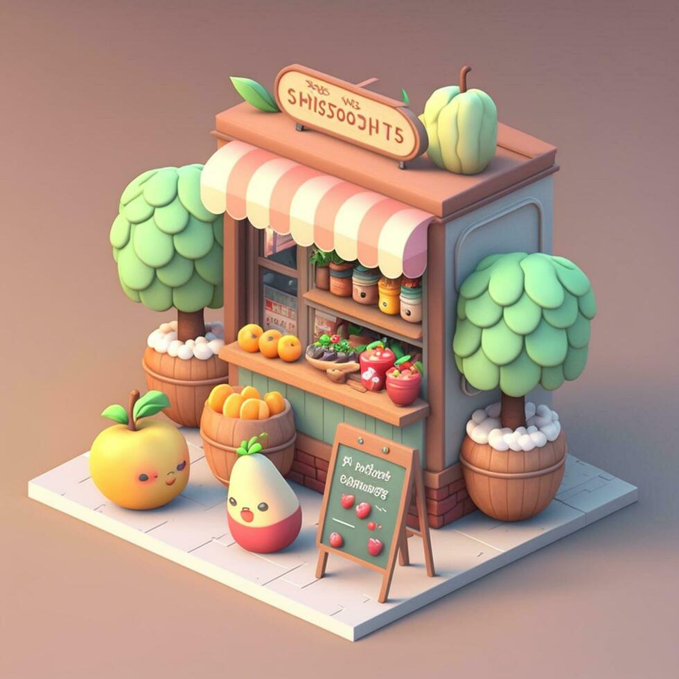 fresh and healthy fruits store kiosk with plants ,generative AI photo