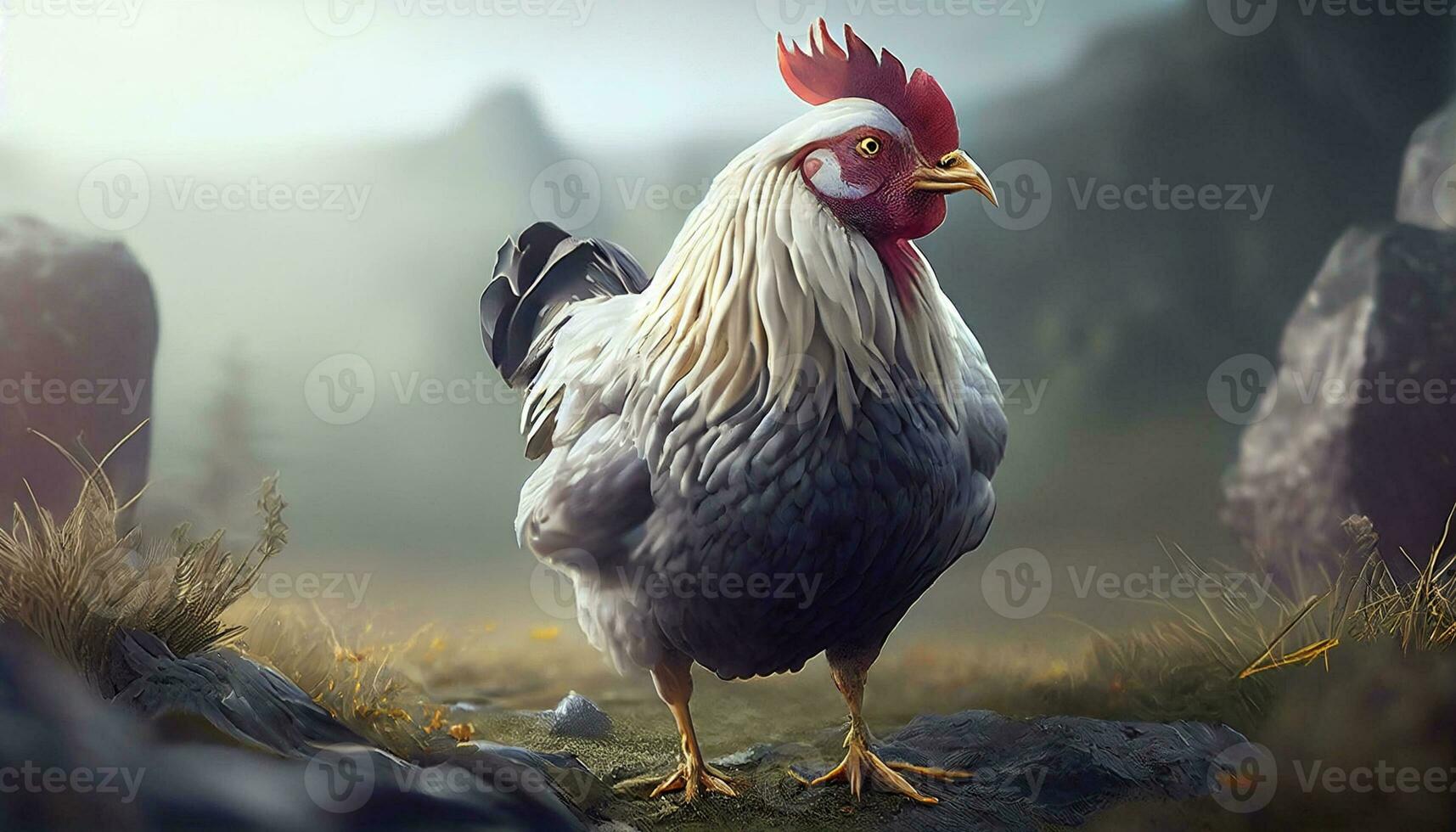 white hen in the landscape scene ,generative AI photo