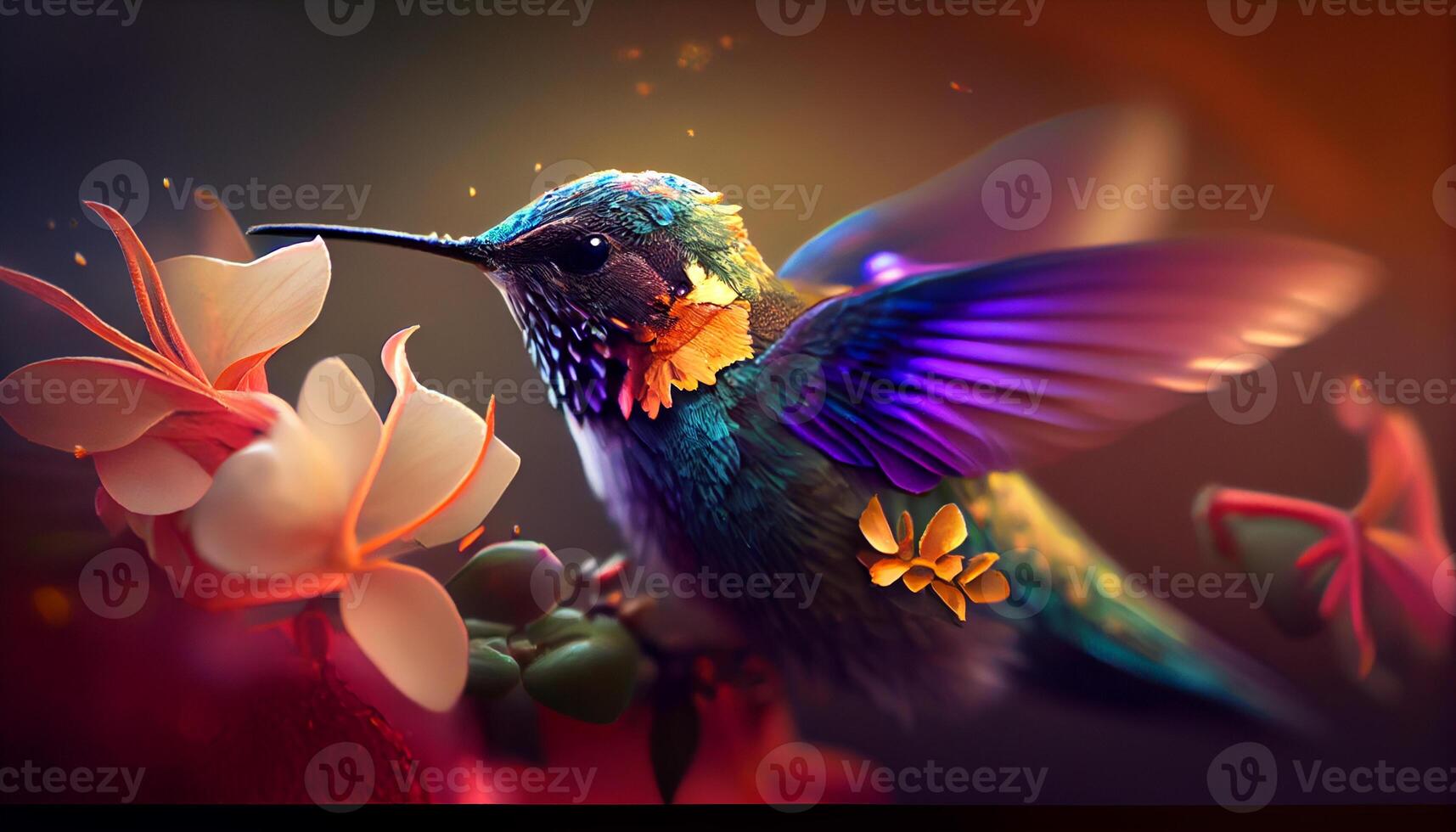 majestic hummingbird flying in a beautiful garden scene ,generative AI photo