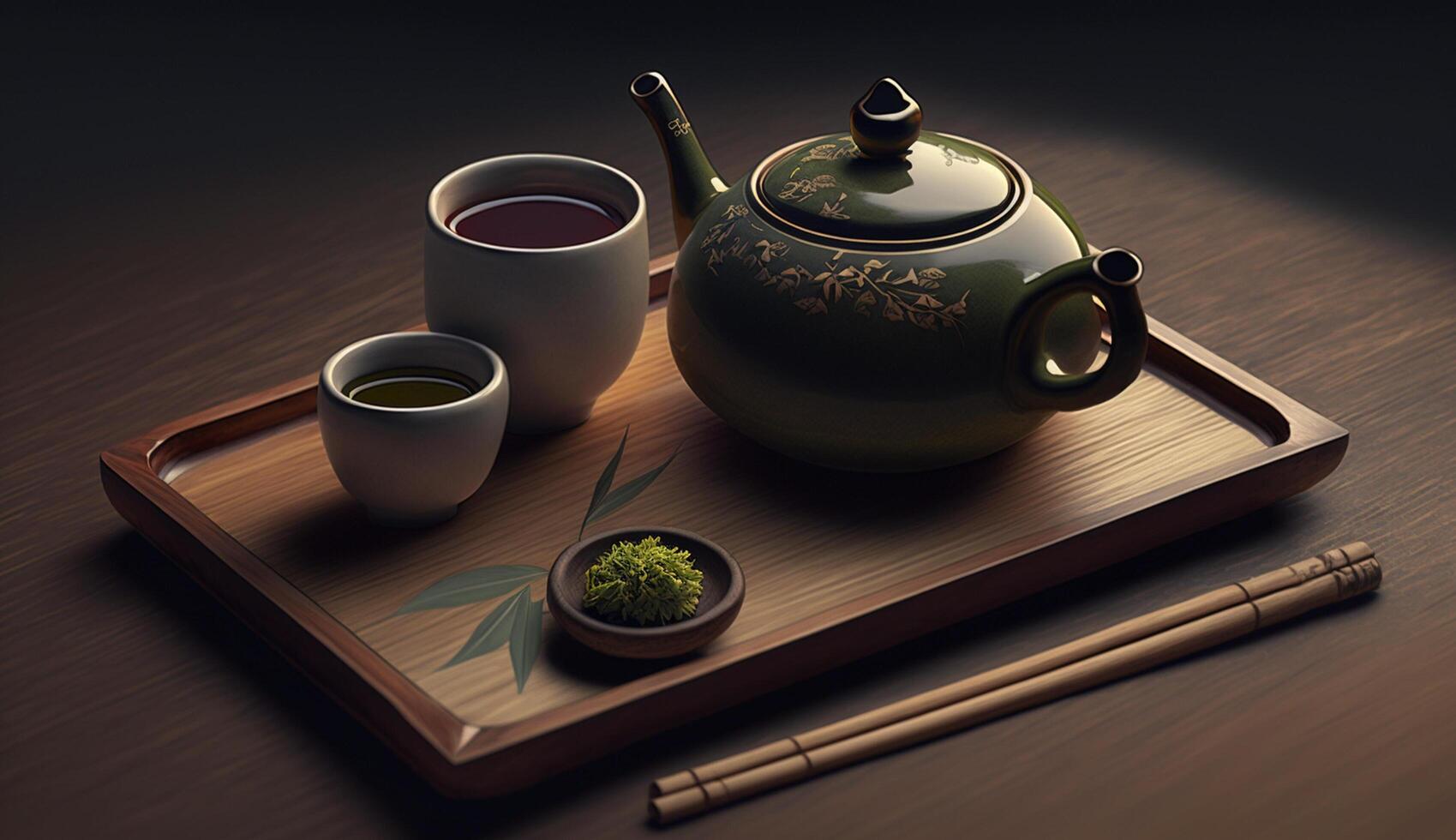 Teapot and tea cup set on wood generated by AI photo