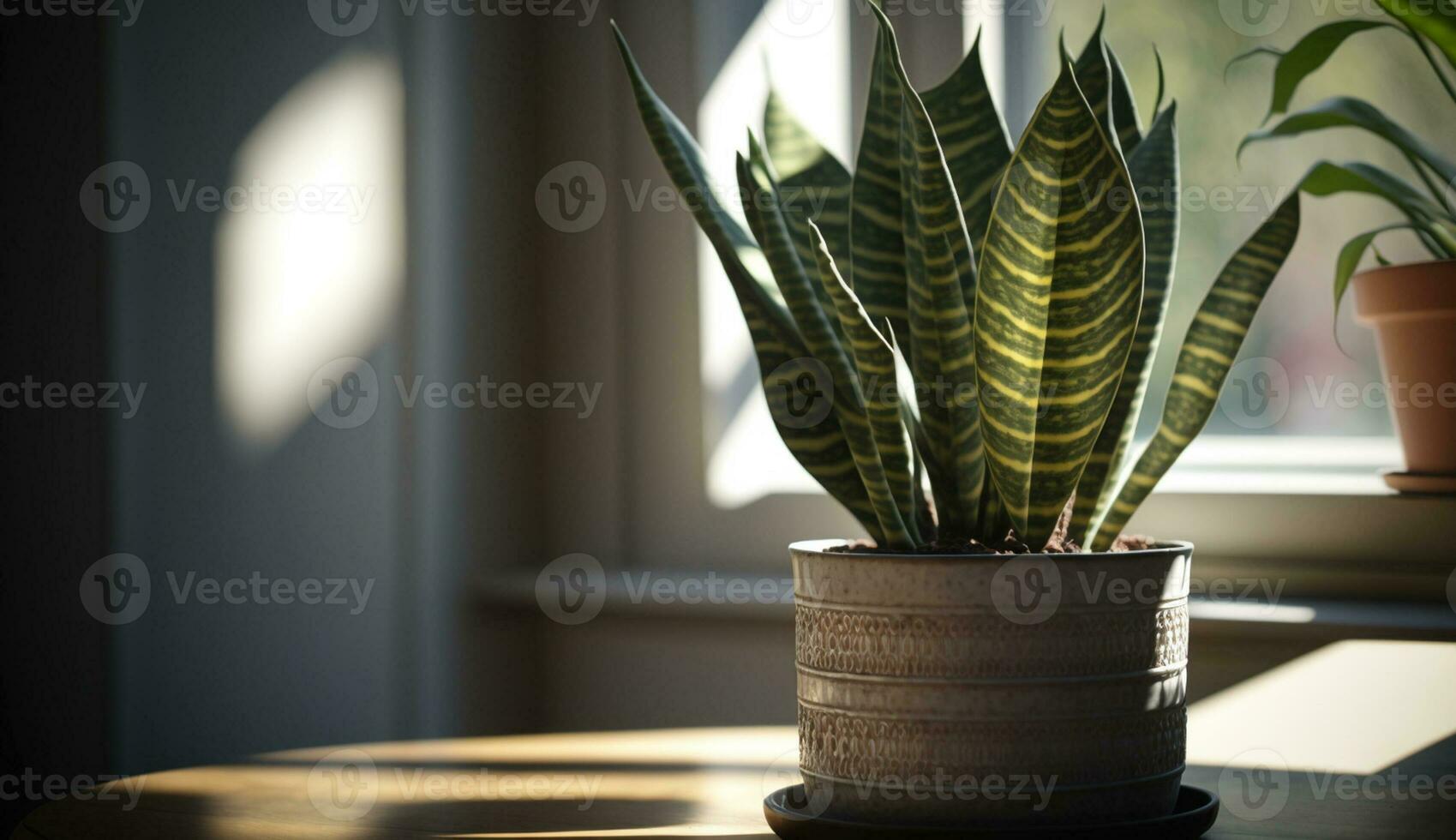 Plant growth on wooden table near window generated by AI photo