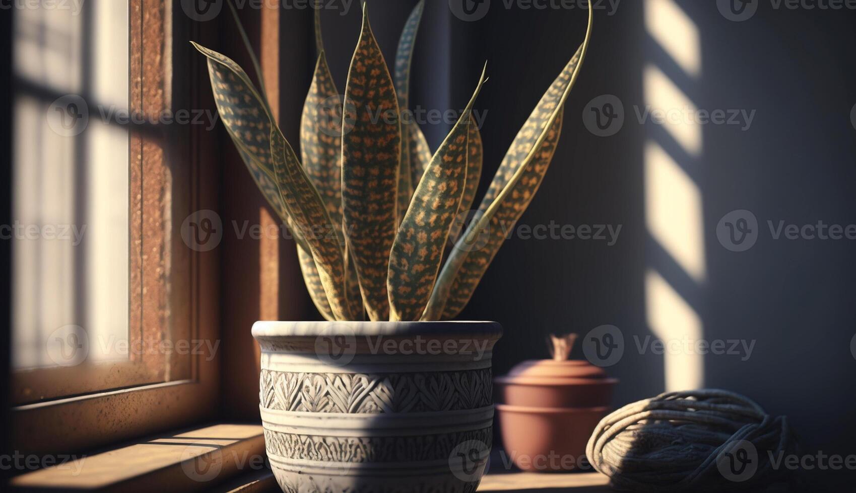 A green plant on a window sill indoors generated by AI photo