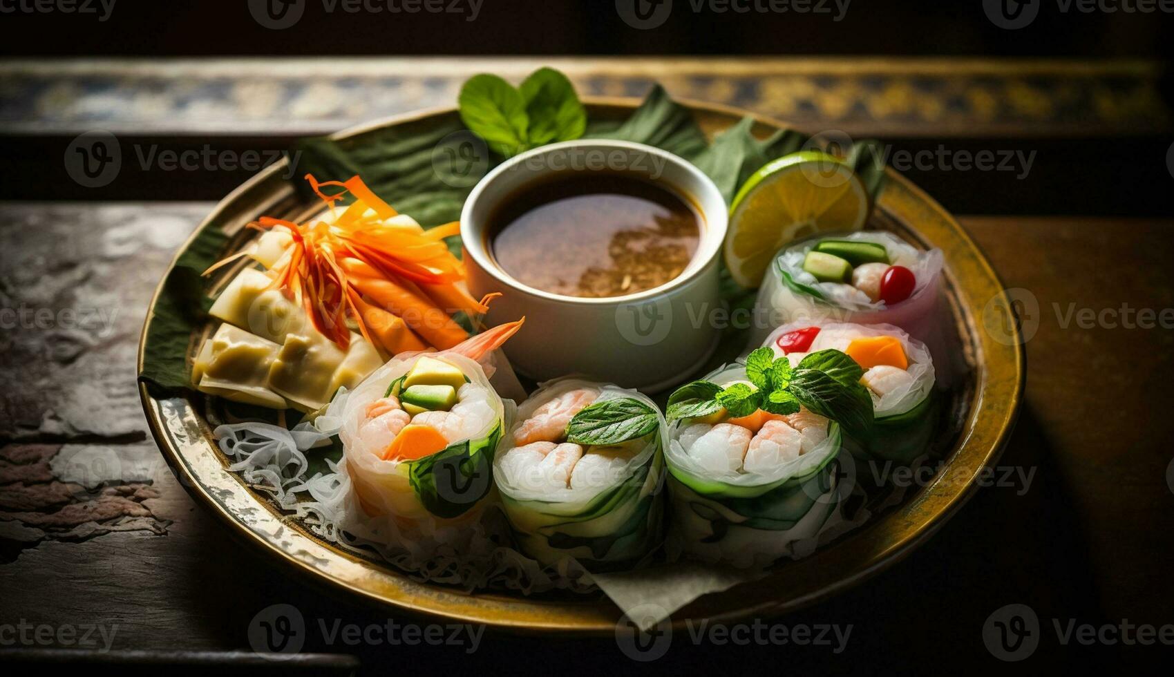 Fresh gourmet appetizer on wooden plate with chopsticks ,generative AI photo