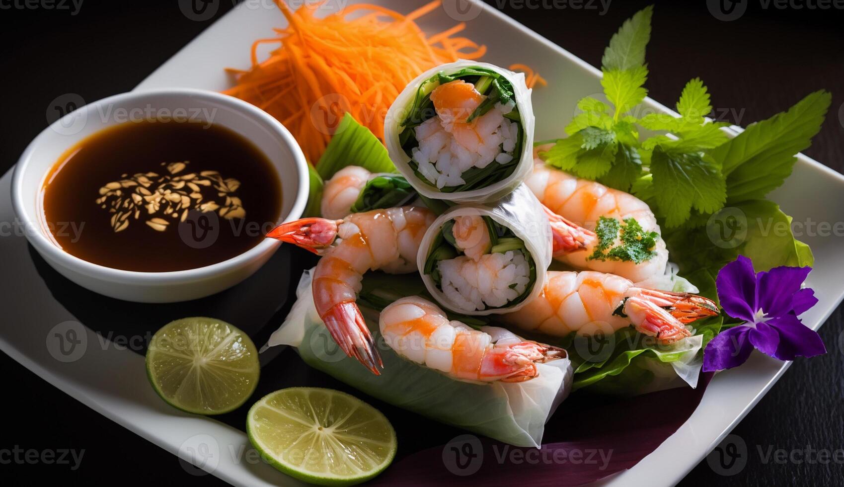 Fresh seafood plate prawn, salad, sushi, avocado slice ,generative AI photo