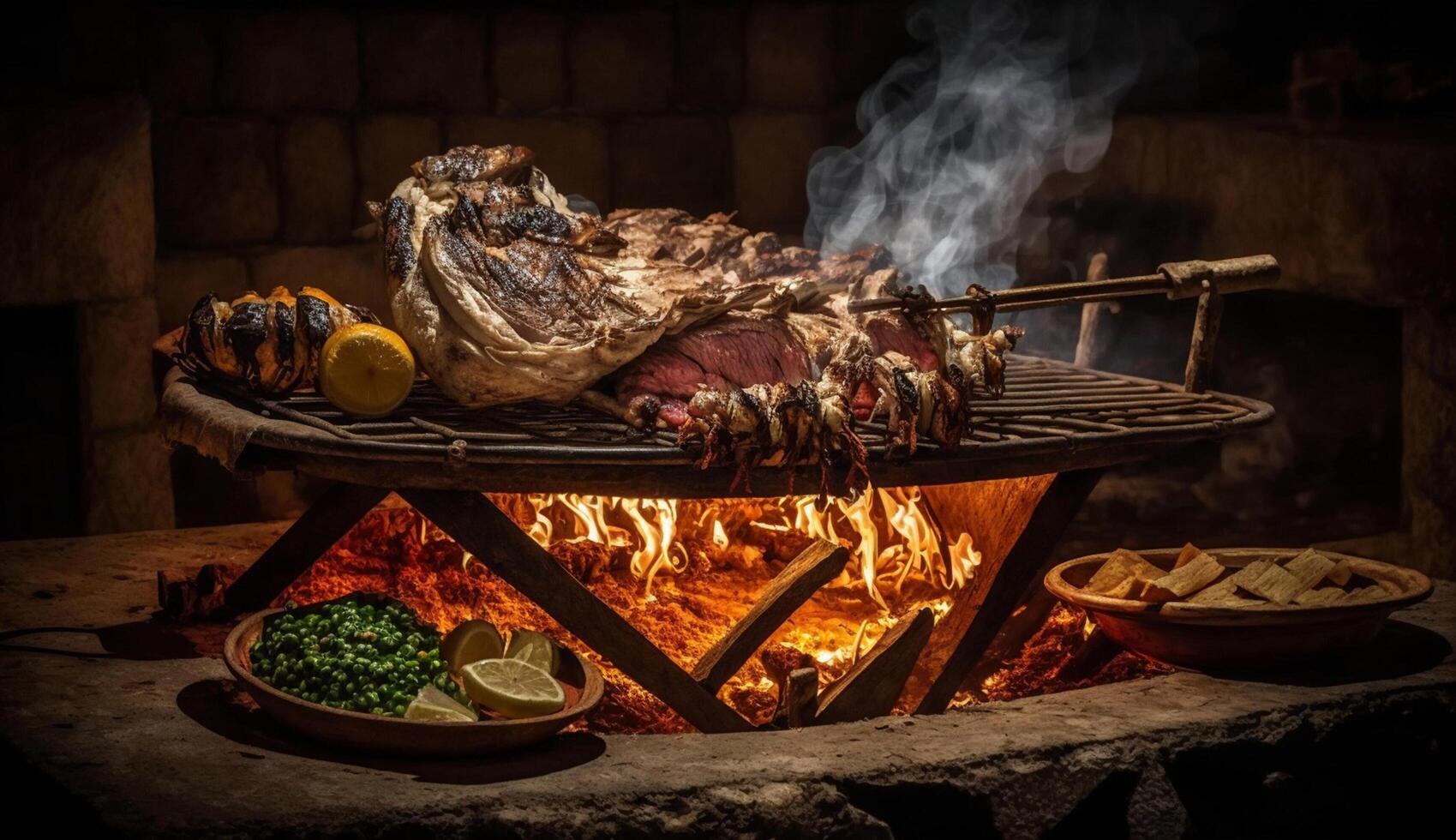 A la parrilla carne en leña mesa, Perfecto verano almuerzo ,generativo ai foto