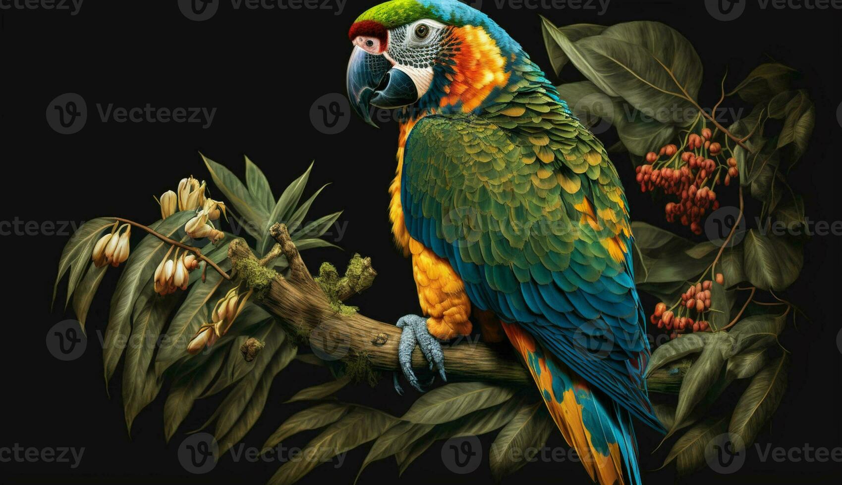 Multi colored macaw perched on branch in nature ,generative AI photo