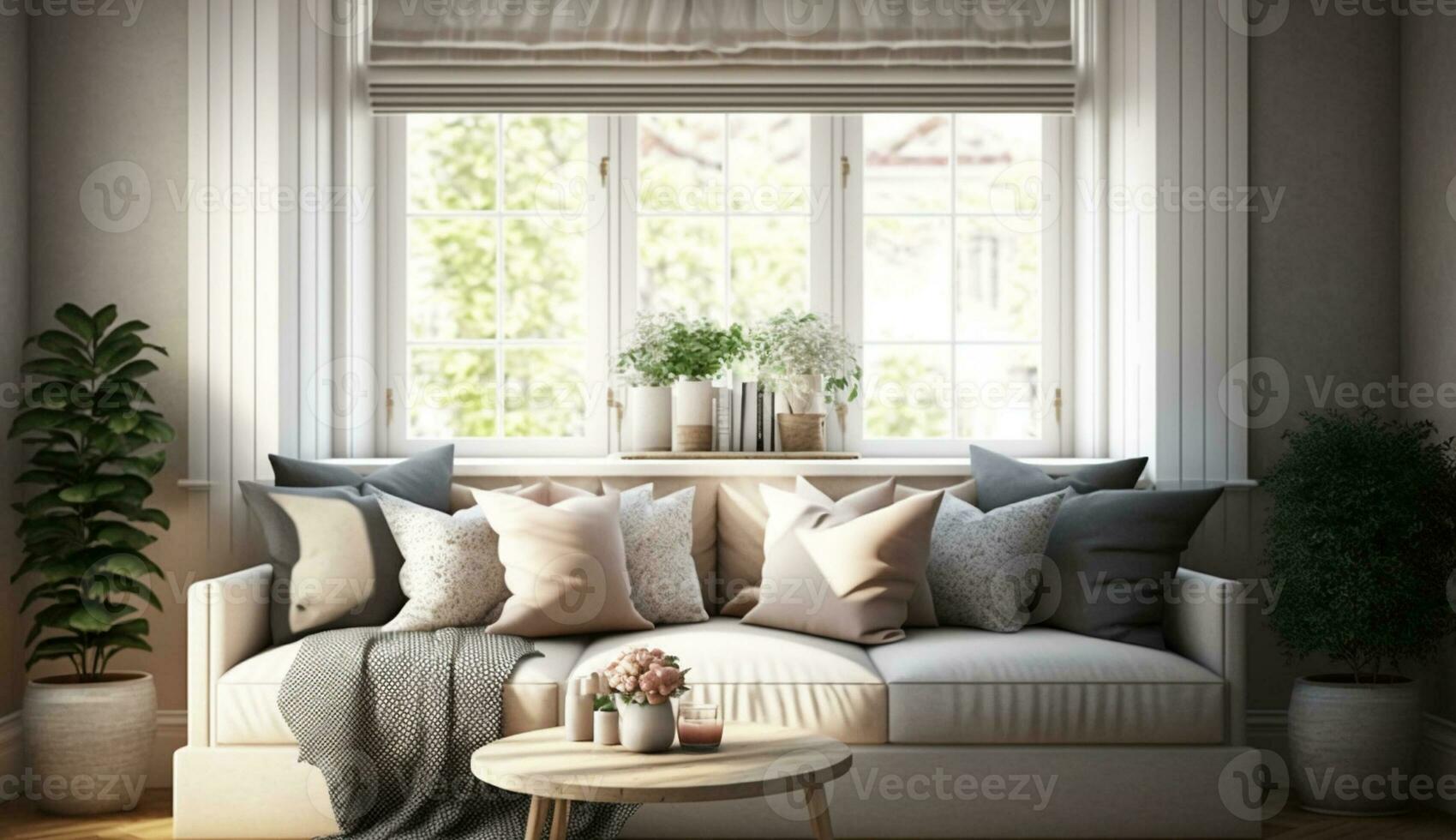 moderno vivo habitación con cómodo sofá y ventana ,generativo ai foto