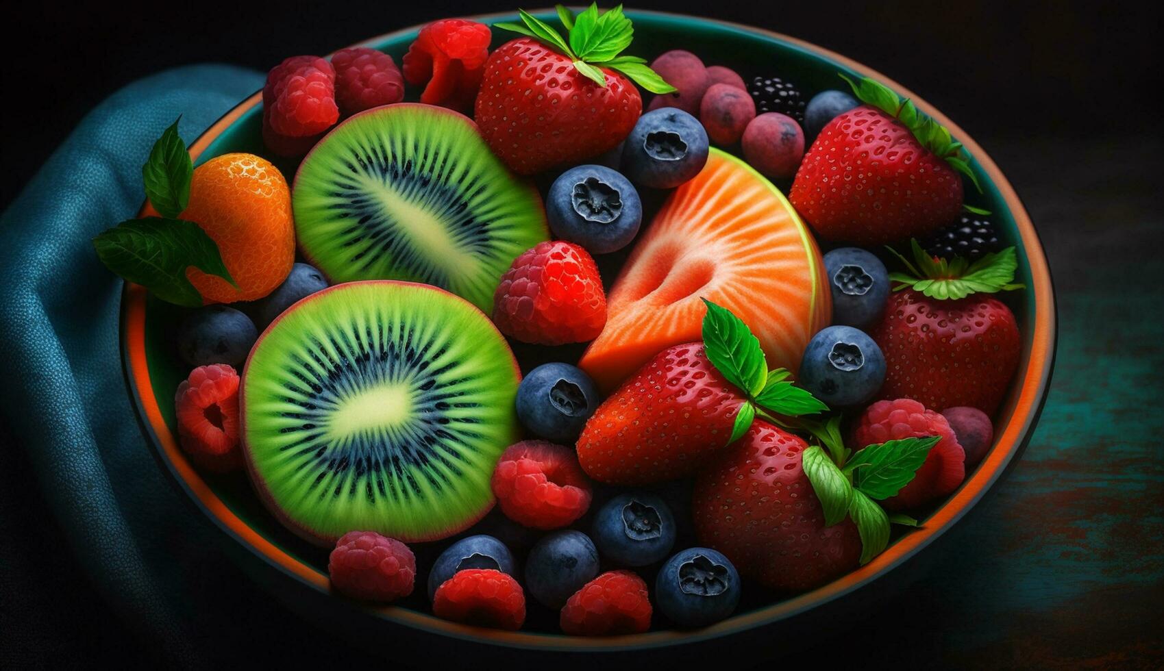 Fresh healthy berries on wooden background with mint ,generative AI photo