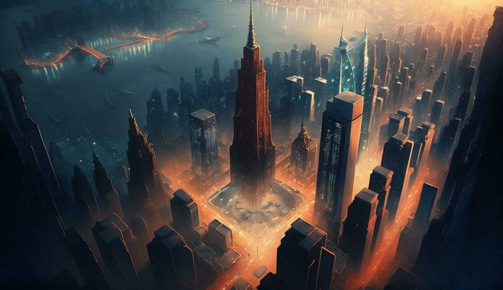 City skyline illuminates foggy night in abstract design ,generative AI photo