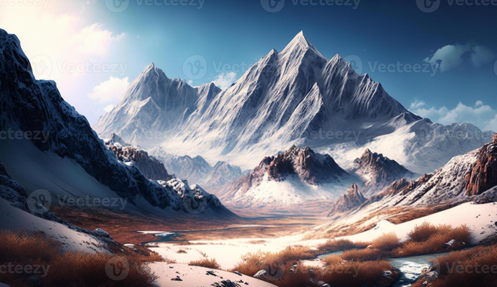 Snowy mountain peak in panoramic outdoors landscape ,generative AI photo