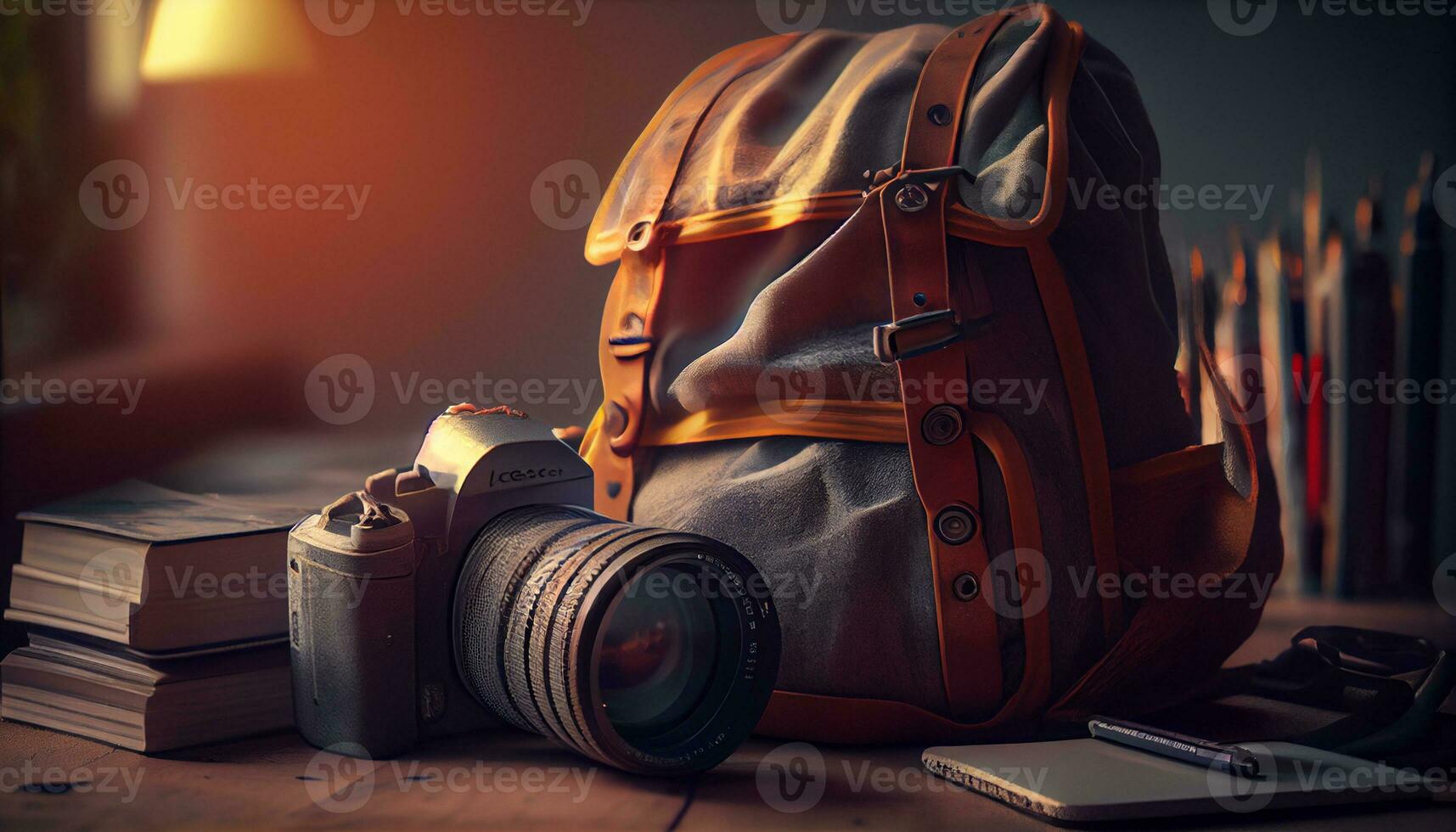 cámara bolso lleno de equipo para aventuras fotografía ,generativo ai foto