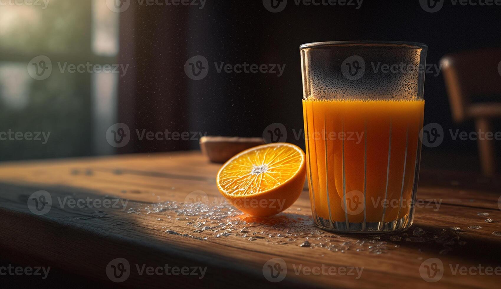 Fresh citrus drink on wooden table with fruit ,generative AI photo