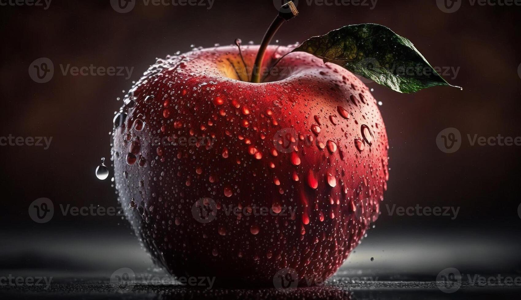 Fresh apple drop with wet leaf and dew ,generative AI photo