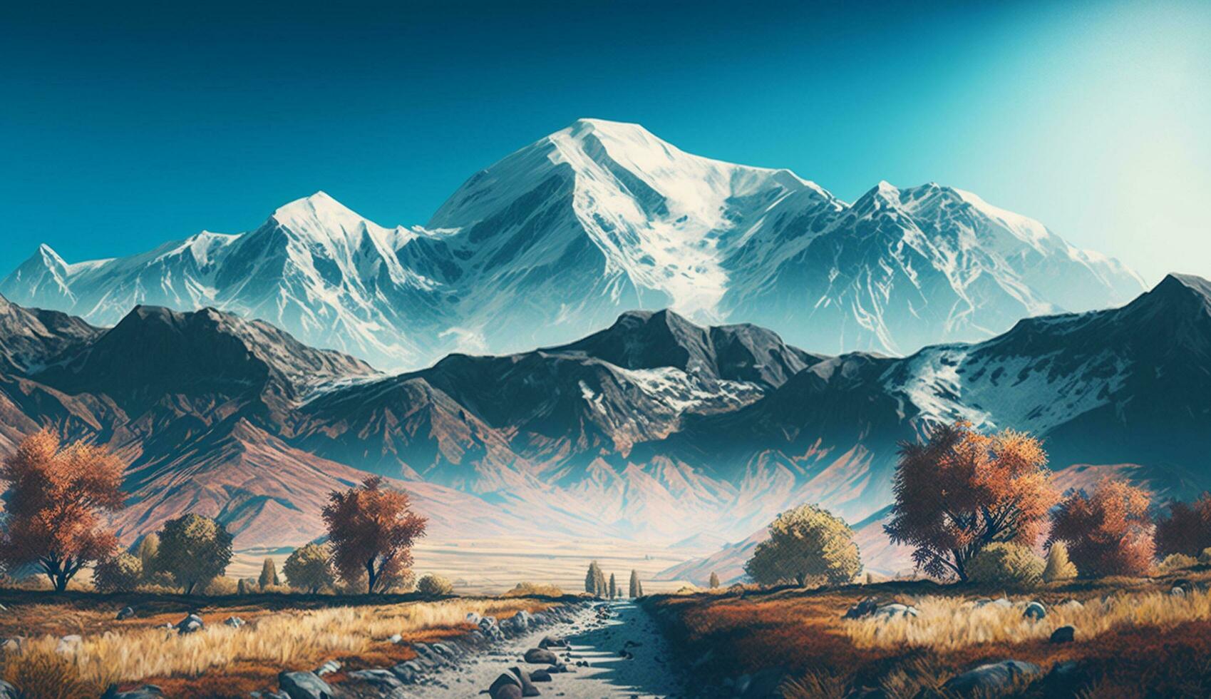 Mountain landscape with autumn trees and snow peak ,generative AI photo