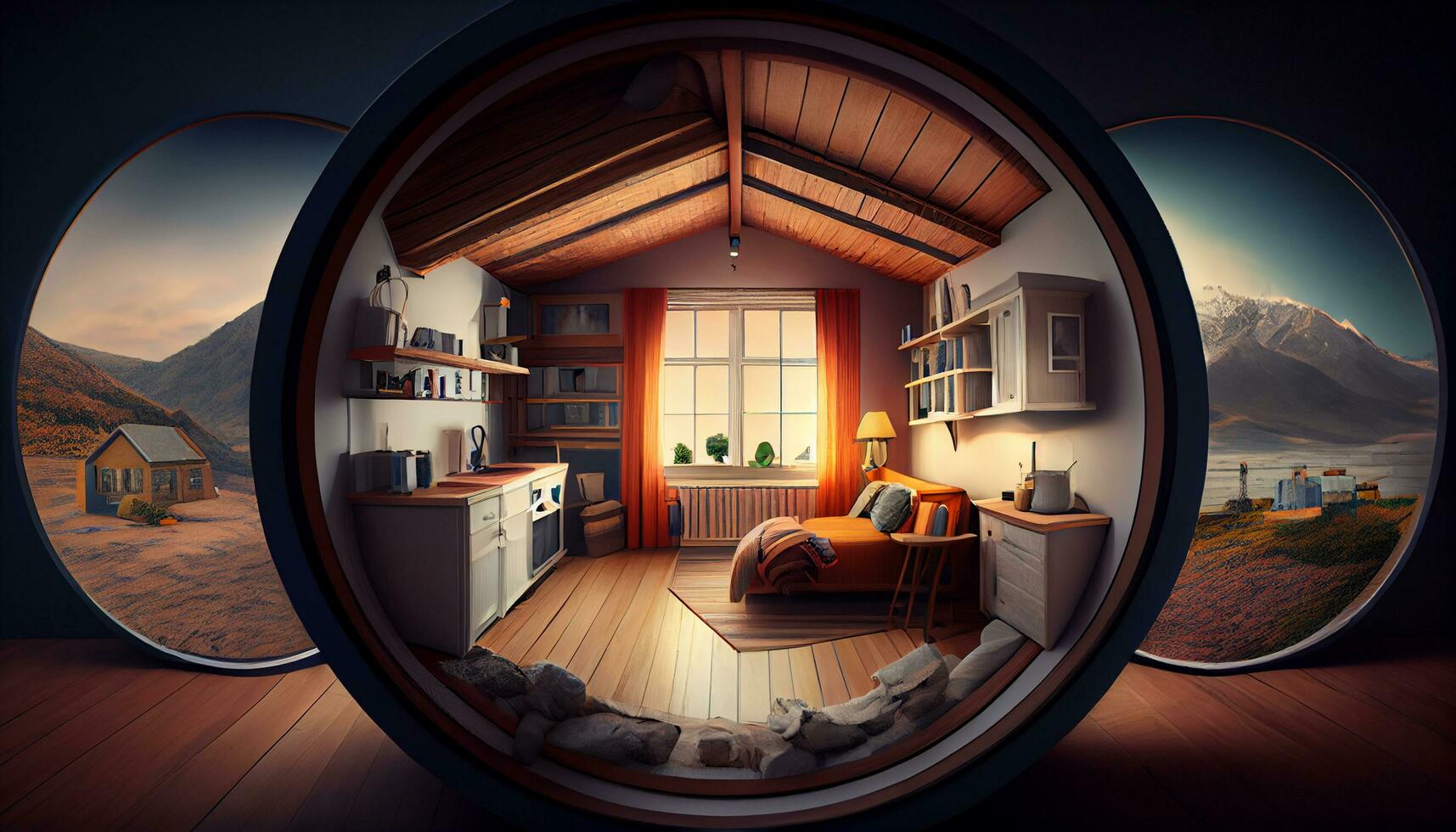 Domestic room with modern design, wood flooring ,generative AI photo