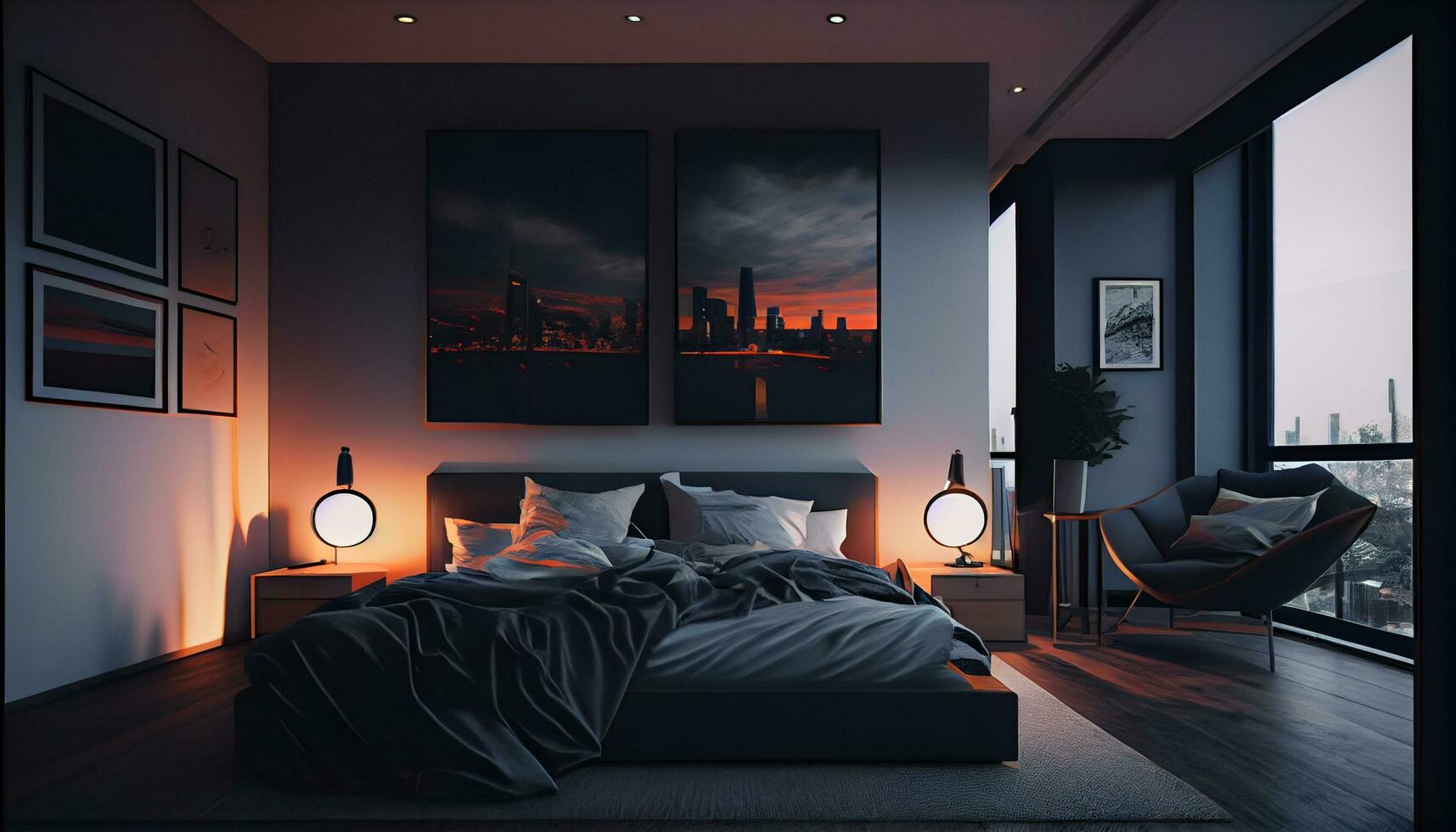 cómodo moderno dormitorio con elegante decoración y Encendiendo ,generativo ai foto