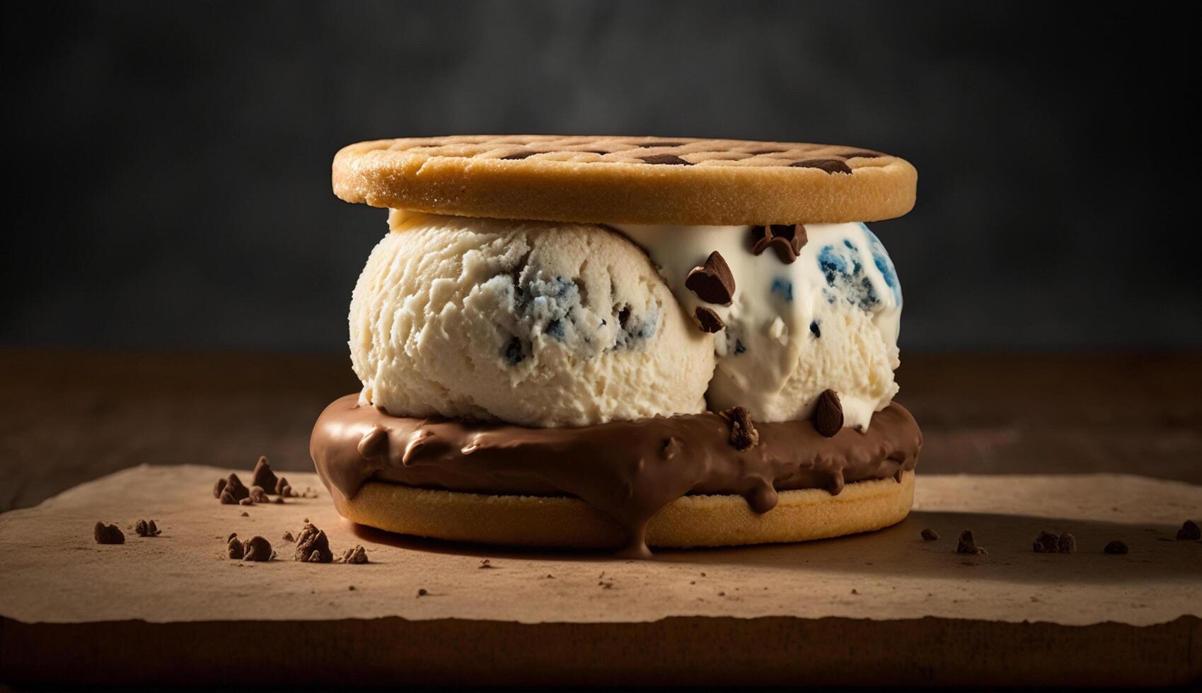 Gourmet chocolate cookie indulgence on rustic wood table ,generative AI photo