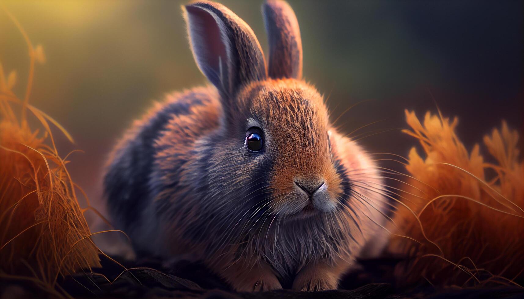 beauty rabbit with grass realistic scene , photo