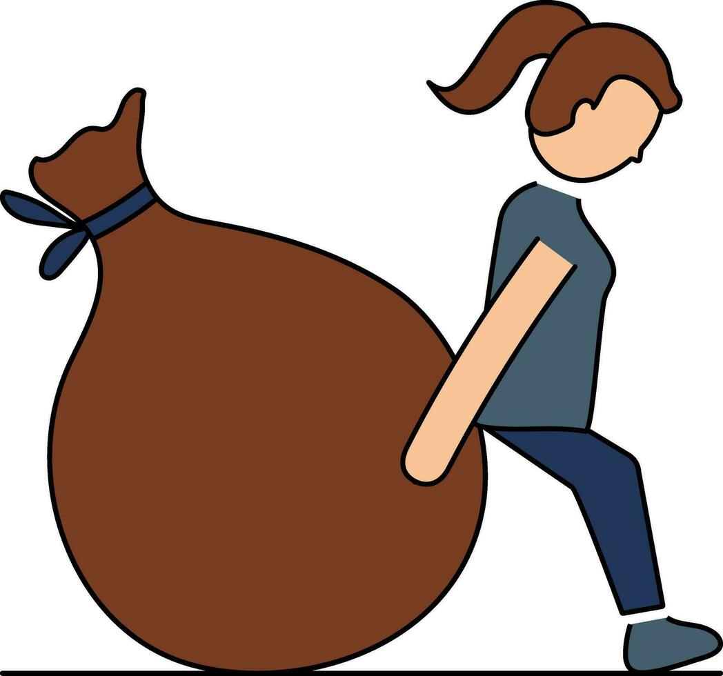 Woman Pushes Back With Heavy Sack Colorful Icon. vector