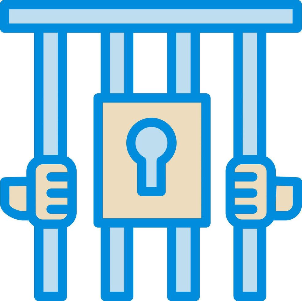 Hand Holding Prison Bars Icon In Blue And Yellow Color. vector