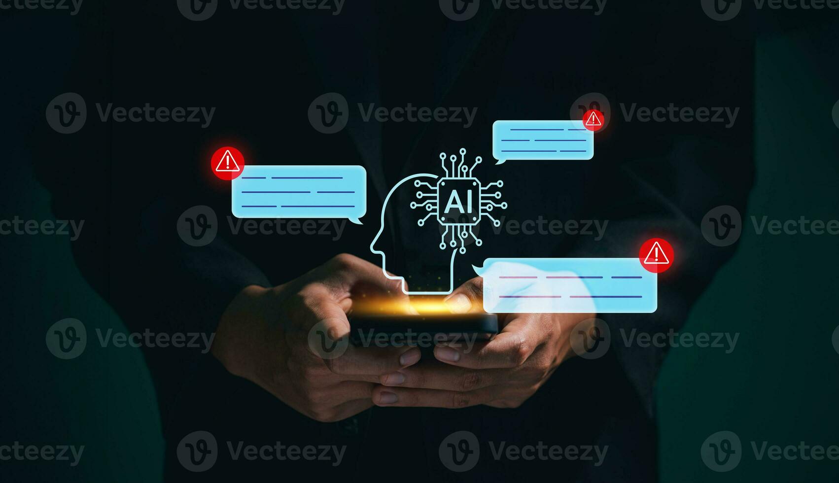Business man using digital chatbot Artificial Intelligence AI with hacking and warning alert. cyber attack network, spyware or Malicious software. Technology cyber security and cybercrime. photo